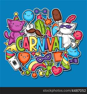 Carnival party kawaii background. Cute sticker cats, decorations for celebration, objects and symbols.