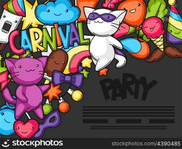 Carnival party kawaii flayer. Cute cats, decorations for celebration, objects and symbols.