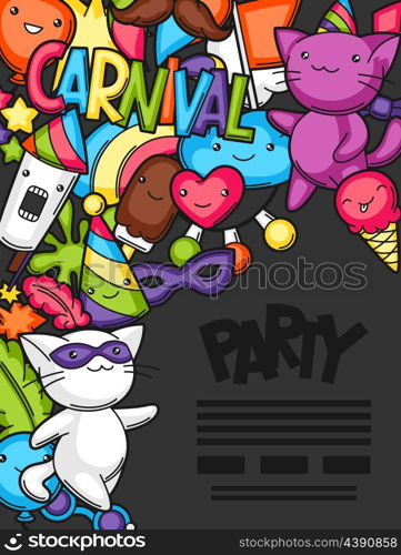 Carnival party kawaii flayer. Cute cats, decorations for celebration, objects and symbols.