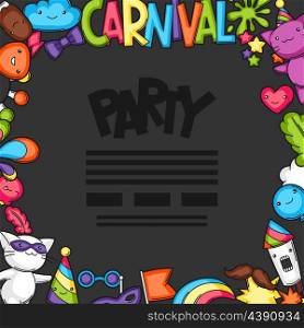 Carnival party kawaii flayer. Cute cats, decorations for celebration, objects and symbols.