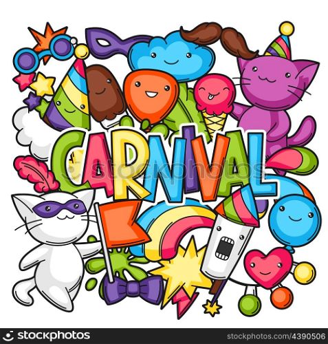 Carnival party kawaii print. Cute cats, decorations for celebration, objects and symbols.