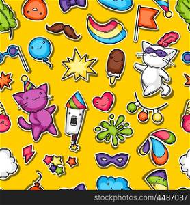 Carnival party kawaii seamless pattern. Cute sticker cats, decorations for celebration, objects and symbols.