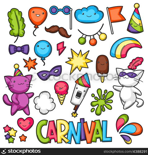 Carnival party kawaii set. Cute cats, decorations for celebration, objects and symbols.