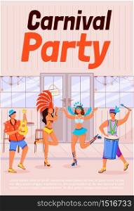 Carnival party poster flat vector template. Women in festive clothing. Men playing ukulele and conga. Brochure, booklet one page concept design with cartoon characters. Ethnic holiday flyer, leaflet