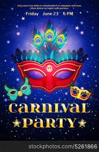 Carnival Party Poster With Date Of Event. Carnival party poster with date of event and set of masquerade mask on night starry sky background flat vector illustration