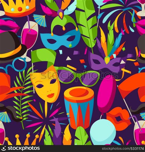 Carnival party seamless pattern with celebration icons, objects and decor. Carnival party seamless pattern with celebration icons, objects and decor.