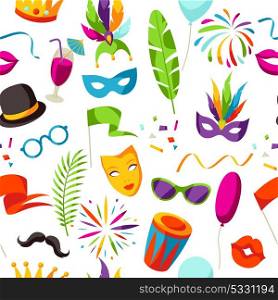 Carnival party seamless pattern with celebration icons, objects and decor. Carnival party seamless pattern with celebration icons, objects and decor.