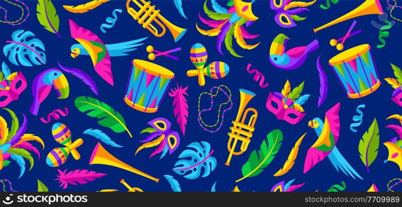 Carnival party seamless pattern with celebration icons, objects and decor. Mardi Gras background for traditional holiday or festival.. Carnival party seamless pattern with celebration icons, objects and decor. Mardi Gras background for traditional holiday.