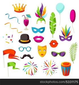 Carnival party set of celebration icons, objects and decor. Carnival party set of celebration icons, objects and decor.