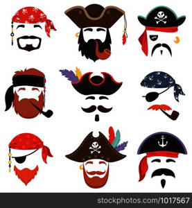 Carnival pirate mask. Funny sea pirates hats, journey bandana with dreadlocks hair and smoke pipe isolated masks. Kids birthday party accessories or mobile app mask cartoon vector isolated icons set. Carnival pirate mask. Funny sea pirates hats, journey bandana with dreadlocks hair and smoke pipe isolated masks vector set