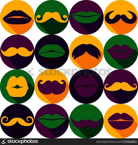 Carnival seamless pattern. Stikers collection of moustaches and lips. Vector illustration of trend symbols.