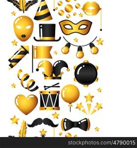 Carnival seamless pattern with gold icons and objects. Celebration party background. Carnival seamless pattern with gold icons and objects. Celebration party background.