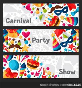 Carnival show and party banners with celebration objects. Carnival show and party banners with celebration objects.