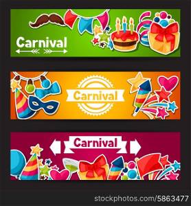 Carnival show and party banners with celebration stickers. Carnival show and party banners with celebration stickers.