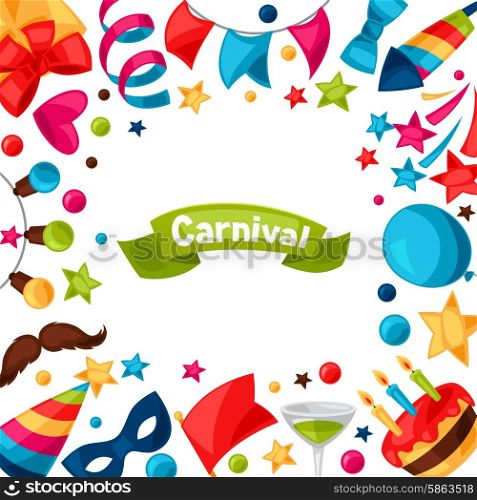 Carnival show and party greeting card with celebration objects. Carnival show and party greeting card with celebration objects.