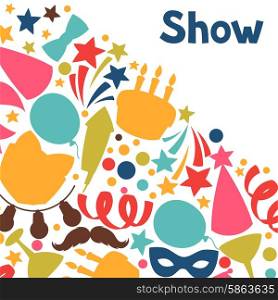 Carnival show and party greeting card with celebration objects. Carnival show and party greeting card with celebration objects.