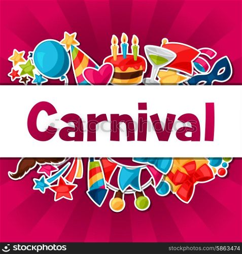 Carnival show and party greeting card with celebration stickers. Carnival show and party greeting card with celebration stickers.