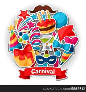 Carnival show and party greeting card with celebration stickers. Carnival show and party greeting card with celebration stickers.