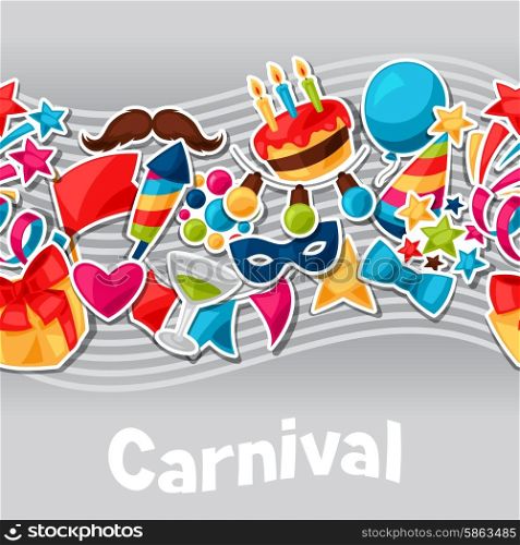 Carnival show and party seamless pattern with celebration stickers. Carnival show and party seamless pattern with celebration stickers.