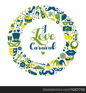Carnival vector illustration in circle wreath ornament. Carnival vector illustration in wreath