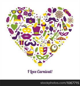 Carnival vector illustration in heart. I love Carnival!. Carnival vector illustration in heart.