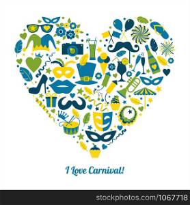 Carnival vector illustration in heart. I love Carnival!. Carnival vector illustration in heart.