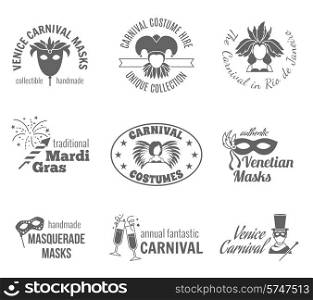 Carnival venetian and brazilian traditional masks and costumes label black set isolated vector illustration