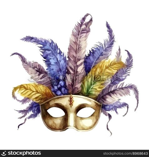 Carnival venetian mask from a splash of watercolor, colored drawing, realistic. Vector illustration of paints. Carnival venetian mask with feathers colored drawing, realistic Watercolor illustration