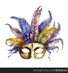 Carnival venetian mask from a splash of watercolor, colored drawing, realistic. Vector illustration of paints. Carnival venetian mask with feathers colored drawing, realistic Watercolor illustration