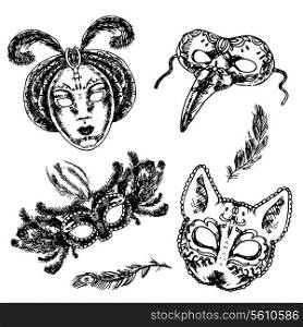 Carnival Venetian style full face and eye feather festive masks icons set sketch doodle vector isolated illustration