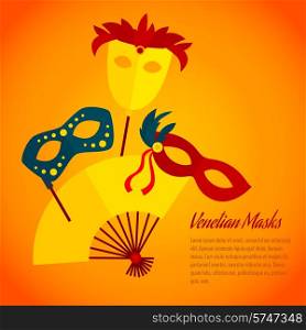 Carnival venetians paper machee festive masks with hand fan party flat poster placard print abstract vector illustration