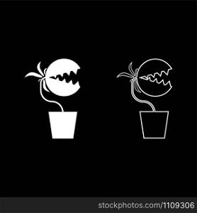 Carnivorous plant Flytrap Monster with teeths in pot icon outline set white color vector illustration flat style simple image