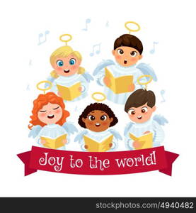 Caroling kids composition. Little kids in angel costumes going Christmas caroling flat composition vector illustration