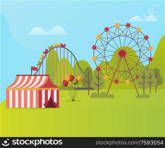 Carousel and attractions in amusement park vector, tent with balloons, ferris wheel and roller coaster american ride. Fresh air of summer forest, nature. Amusement Park with Tent Ferris Wheel and Carousel