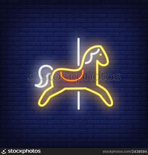 Carousel horse neon sign. Yellow animal seat on dark blue brick wall. Night bright advertisement. Vector illustration in neon style for amusement park and leisure