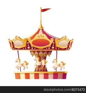 Carousel merry go round with horses isolated on white background. Amusement carnival park, fair entertainment and family recreation vintage object, party. Cartoon vector illustration, icon, clip art. Carousel merry go round with horses isolated.