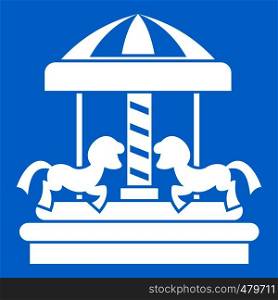 Carousel with horses icon white isolated on blue background vector illustration. Carousel with horses icon white