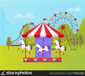 Carousel with horses vector, spinning ferris wheel, amusement park for relaxation. Weekend time, natural environment, leisure for kids and adults. Amusement Park, Ferris Wheel and Carousel Nature