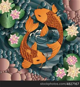 Carp Koi fish swimming in a pond with water lilies, vector illustration