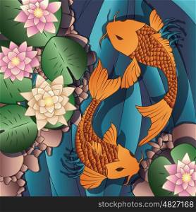 Carp Koi fish swimming in a pond with water lilies, vector illustration