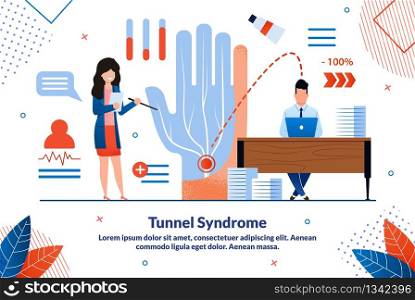 Carpal Tunnel Syndrome, Painful Median Nerve in Wrist Trendy Flat Vector Vector Banner, Poster. Doctor with Pointer, Explaining Disease Causes, Office Worker Using Computer at Work Desk Illustration