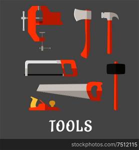 Carpenter and DIY tool flat icons with axe, hammer, hand saw, claw hammer, bench vice, jack plane and hacksaw with text Tools below, for industrial design. Carpenter and DIY tool flat icons