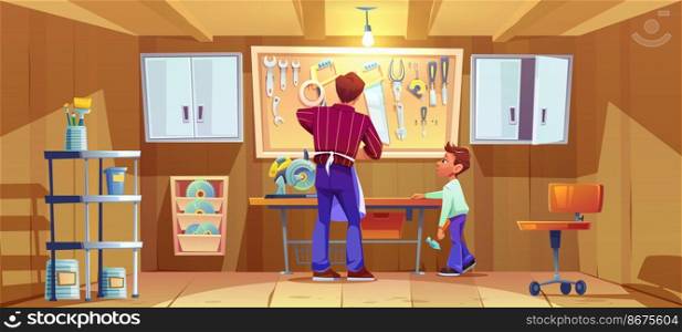 Carpenter and his son do craft or repair on workbench in garage. Vector cartoon illustration of workshop interior with carpentry tools and instruments. Boy with hammer helps father. Carpenter and boy do craft or repair on workbench