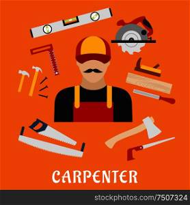 Carpenter and his toolbox tools with hammer, file, axe, nails, handsaw, hacksaw, ruler, plane and measuring level. Carpenter and his toolbox tools