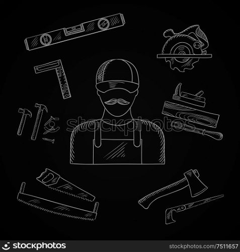 Carpenter and toolbox tools chalk icons with hammer, file, axe, nails, handsaw, hacksaw, ruler, plane and measuring level on blackboard. Carpenter and toolbox tools icons