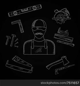 Carpenter and toolbox tools chalk icons with hammer, file, axe, nails, handsaw, hacksaw, ruler, plane and measuring level on blackboard. Carpenter and toolbox tools icons