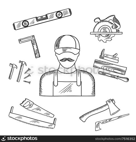Carpenter and toolbox tools sketches with hammer, file, axe, nails, handsaw, hacksaw, ruler, plane and measuring level. Carpenter and toolbox tools sketches