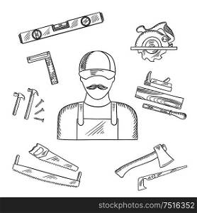 Carpenter and toolbox tools sketches with hammer, file, axe, nails, handsaw, hacksaw, ruler, plane and measuring level. Carpenter and toolbox tools sketches