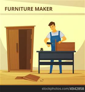 Carpenter Assembling Furniture Flat Poster . Carpenter assembling furniture flat poster with young professional at work hand hammering cupboard abstract vector illustration