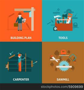 Carpenter concept 4 flat icons square . Carpenter building and house renovation concept 4 flat icons composition square with tools abstract vector isolated illustration